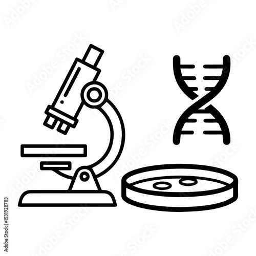Illustration of a microscope DNA helix and petri dish in black outline