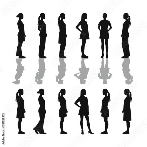 Twelve female silhouettes in various poses and reflections