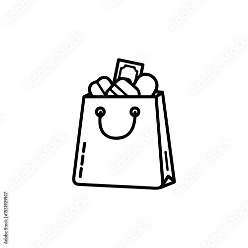 Line drawing of a shopping bag filled with items money and medicine with a simple handle