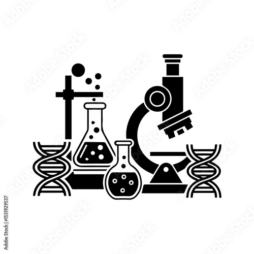Scientific illustration microscope flasks DNA helix
