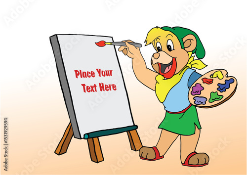 030-11-Cartoon bear artist happily painting on a blank canvas with a colorful palette, ideal for adding custom text or designs. Hand drawn illustration