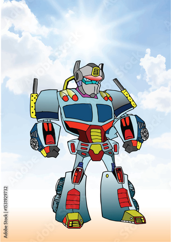 030-12-Colorful robot standing against a cloudy blue sky, showcasing strength and advanced technology. Hand drawn illustration