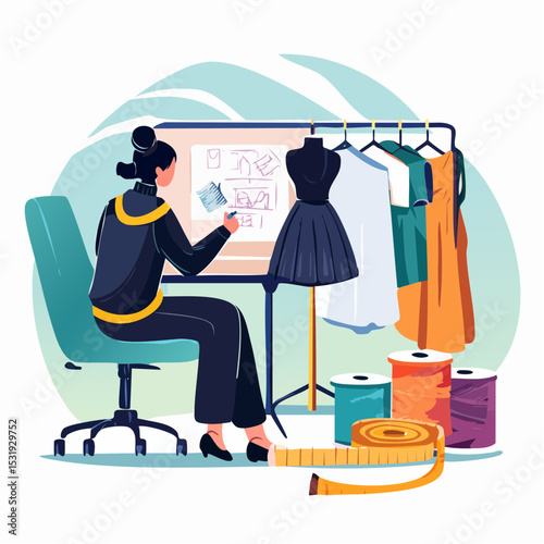 Young girl intensely sketching dramatic and detailed costume designs on a fashion board surrounded by fabric rolls and mannequins in a creative studio environment.