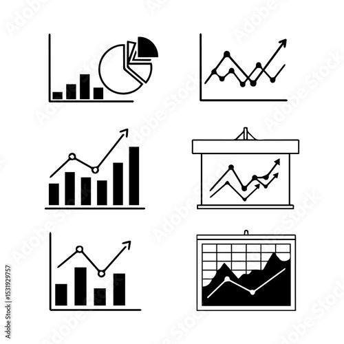 Six chart icons show bar line and pie graphs some on screens