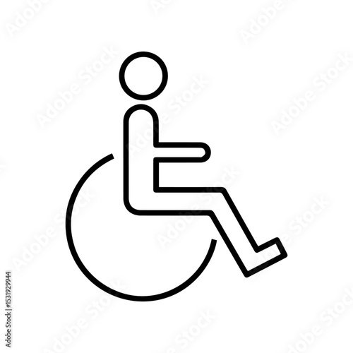 Wheelchair symbol in black outline with a circle head person seated and slanted legs