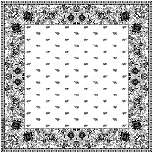 Bandana paisley square ethnic floral hand drawn pattern.Ornament classic vintage vector elements black on white background.Design for scarf,headscarf,kerchief,hijab,tablecloth,print fabric,decoration.