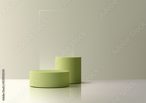 modern green cylindrical pedestal mockup on reflective surface, minimal product display showcase 3d