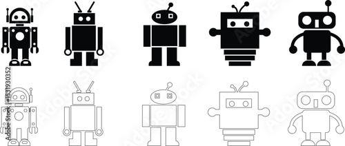 Robot Icon set, icons in vibrant and outline styles, showcasing playful designs, ideal for technology, and futuristic projects. Digital artificial intelligence chatbot, friendly Electric cyborg agent