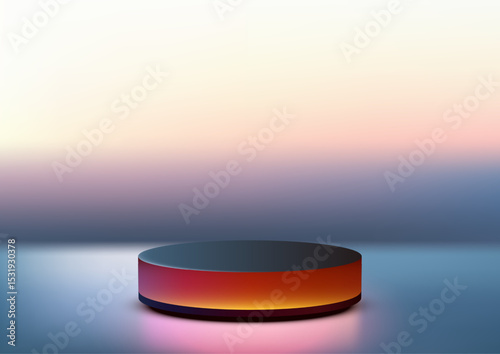 3d black cylindrical podium with glowing orange red base on reflective surface modern product showcase mockup