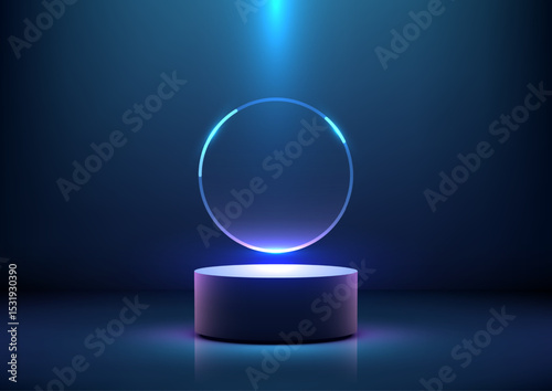 futuristic blue neon ring on dark background, glowing 3d circular pedestal, technology concept, product display mockup, sci fi showcase