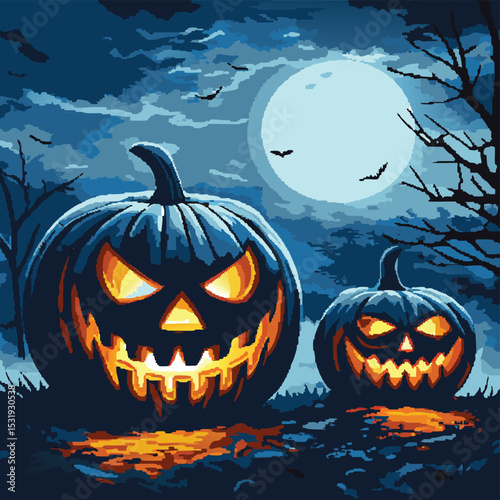 Two glowing jack-o'-lanterns stand in a mystical, dark, autumnal landscape under a full moon.