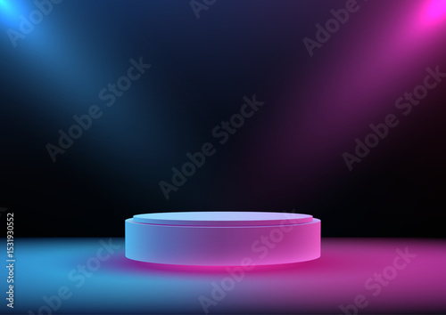 futuristic glowing 3d podium with blue pink spotlight in dark room for tech presentation or product showcase