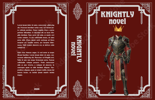 030-20-Book cover design showcasing a medieval suit of armor, a crown, and decorative elements, ideal for fantasy or historical fiction. Hand drawn illustration