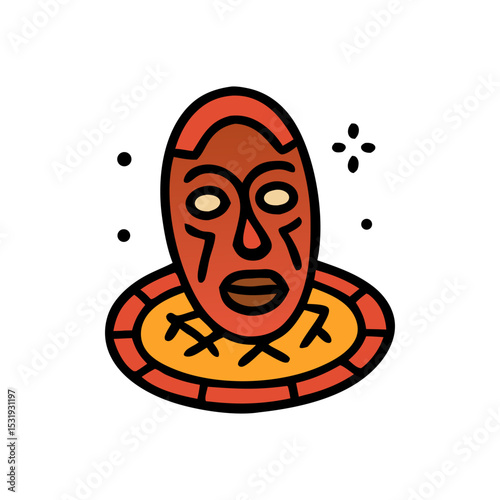 Ancient Tribal Mask: An illustration of a traditional tribal mask with an artistic flair, set upon a circular stage, is a captivating work of art from a cultural perspective. 