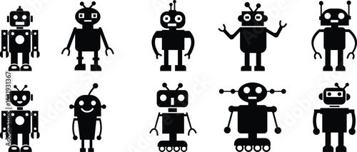 Robot Icon set, icons in vibrant and outline styles, showcasing playful designs, ideal for technology, and futuristic projects. Digital artificial intelligence chatbot, friendly Electric cyborg agent