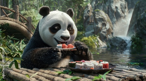 Enchanting panda savoring sushi amidst nature's tranquility and scenic view