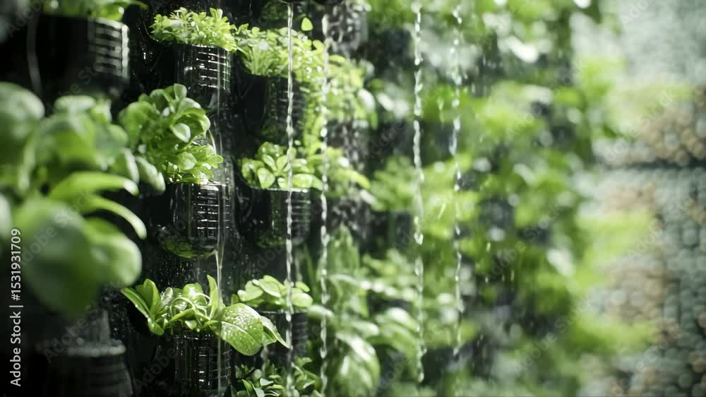 Vertical garden wall with automatic irrigation system, slow motion water drips on green leaves in close-up shot