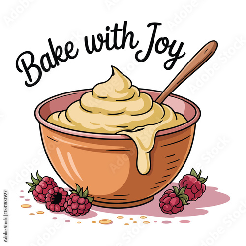 Bake with joy design, Strawberry under bowl of brown cream vector design illustration 