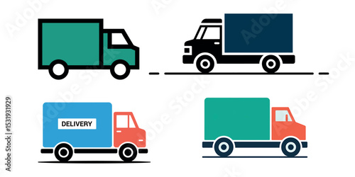 Four Colorful Delivery Truck Icons Teal, Blue, Black, and Red on White Background