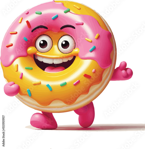 3d rendered illustration of a smiley face
Happy Donut Character Walking, Perfect for Food-Themed Designs
A cheerful, cartoon donut character with a happy expression, pink icing, and colorful sprinkles