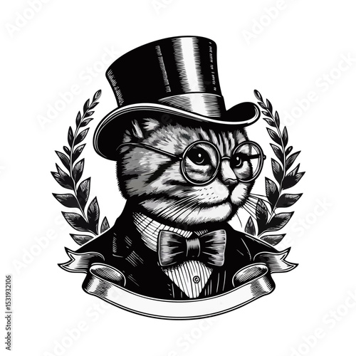 Cat Gentlemen engrave vector illustration logo icon