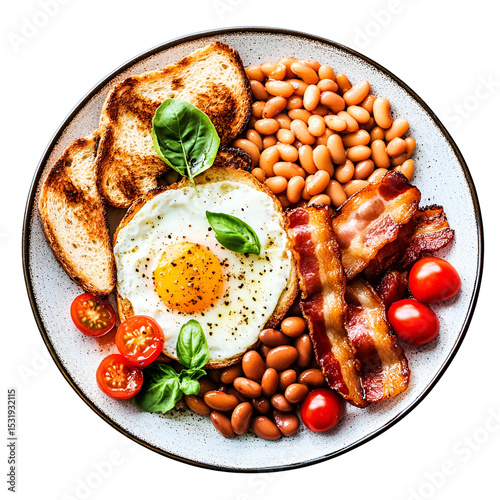 Hearty English breakfast plate with fried eggs isolated on transparent background