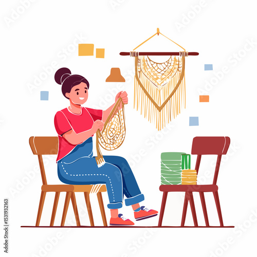A flat vector of a young girl tying intricate knots on a hanging macramé piece, with thread rolls scattered on the floor and a wooden rod, symbolizing detailed textile craftwork