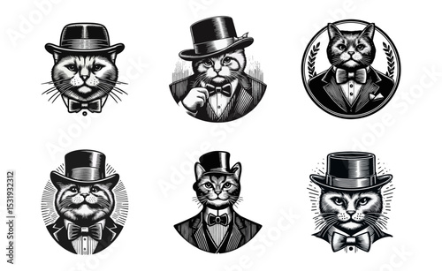 Cat Gentlemen engrave vector illustration logo icon