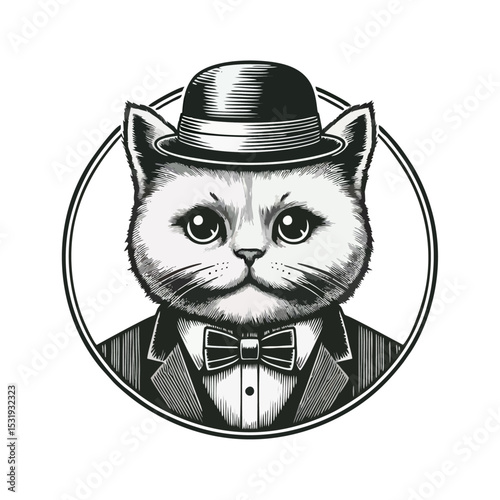 Cat Gentlemen engrave vector illustration logo icon
