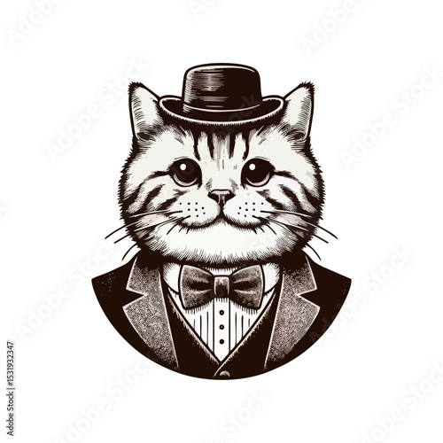 Cat Gentlemen engrave vector illustration logo icon