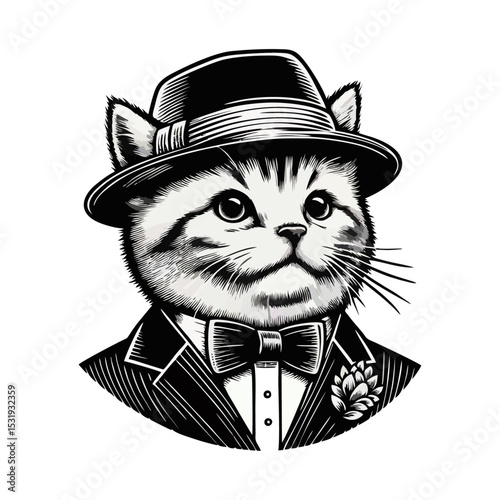 Cat Gentlemen engrave vector illustration logo icon
