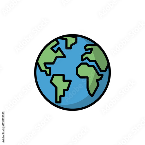 Stylized Globe Icon with Blue Water and Green Landmasses on White Background