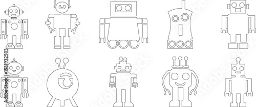 Robot Icon set, icons in vibrant and outline styles, showcasing playful designs, ideal for technology, and futuristic projects. Digital artificial intelligence chatbot, friendly Electric cyborg agent