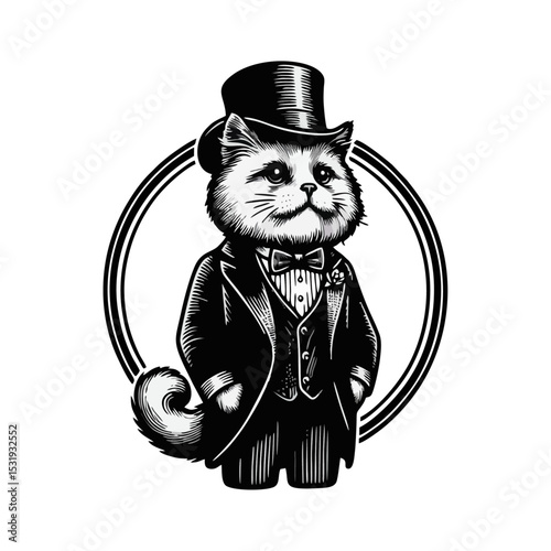 Cat Gentlemen engrave vector illustration logo icon