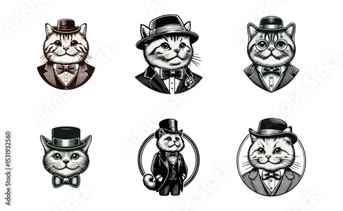 Cat Gentlemen engrave vector illustration logo icon