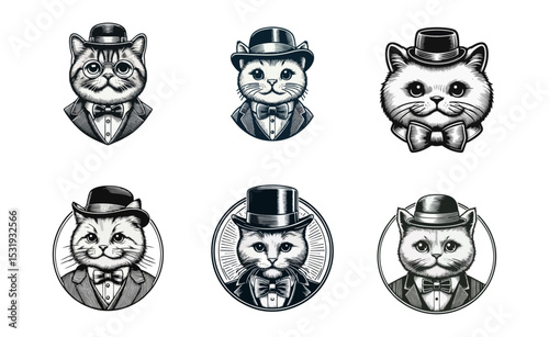 Cat Gentlemen engrave vector illustration logo icon