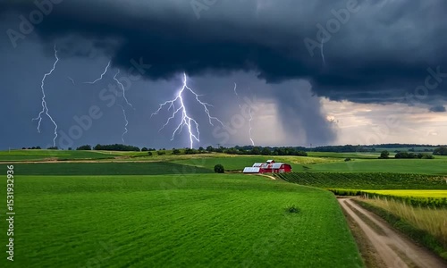 Dramatic lightning storm over lush green fields with a dirt road leading to a distant farm