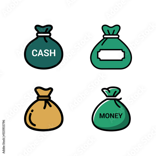 Four Sacks of Cash and Money Icons, Business and Finance, White Background