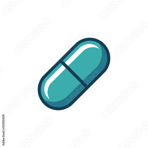 Isolated Turquoise and Dark Blue Capsule Pill on a White Background, Simple Design