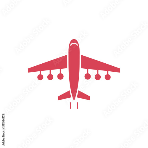 Stylized Red Airplane Icon Depicting Ascending Aircraft on White Background, Minimalistic Design