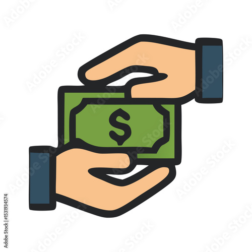 Financial Exchange: Illustrated hands carefully transferring a crisp dollar bill, symbolizing transactions, earnings, and fiscal responsibility. 