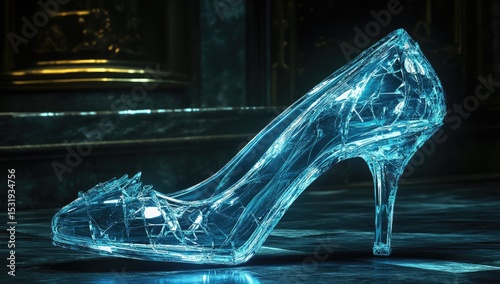 A glass slipper glowing with blue light on the dark floor of an opera stage