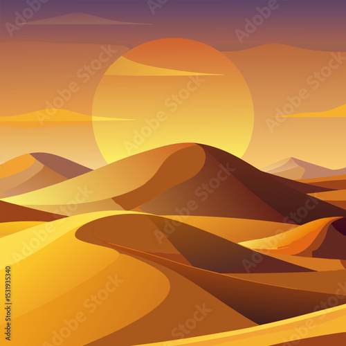 Sunset over Sahara Desert. Golden Sands and Dunes Landscape