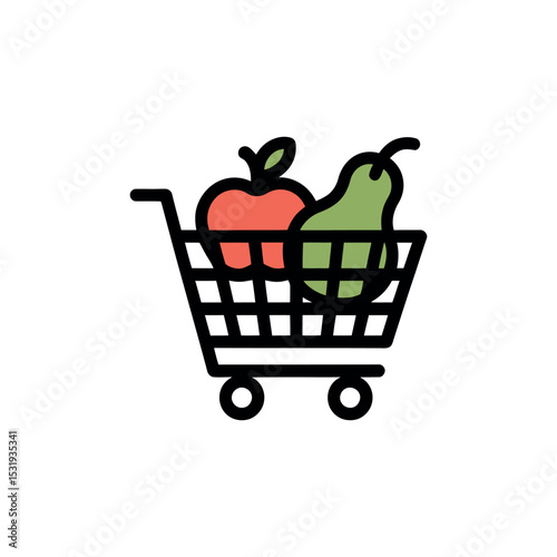 Shopping Cart Icon Filled with Fresh Apple and Pear on White Background