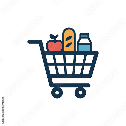 Groceries in Shopping Cart Icon with Apple, Bread, and Milk on White Background