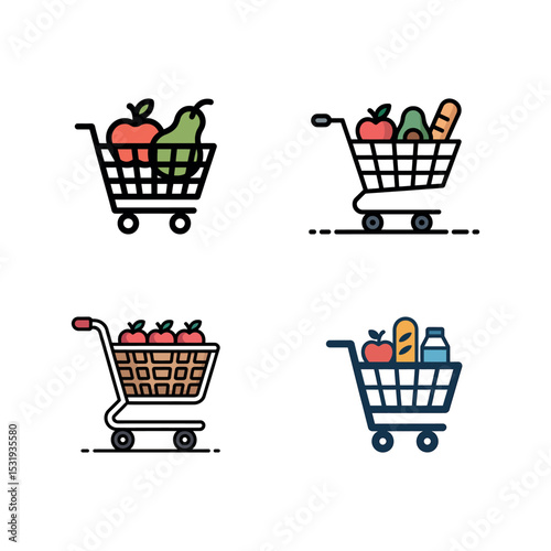 Four Shopping Cart Icons Filled with Fresh Food on a White Background