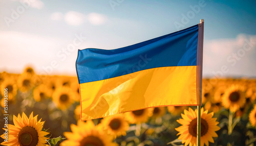 The Ukrainian national flag waving in a field full of blooming sunflowers under a bright sky. A powerful symbol of national pride, peace, and resilience. 