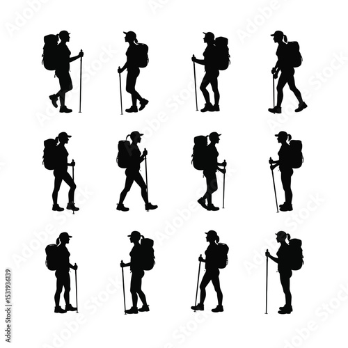 Twelve silhouettes of female hikers with backpacks and trekking poles