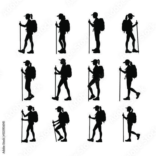 Twelve silhouettes of female hikers with backpacks and trekking poles