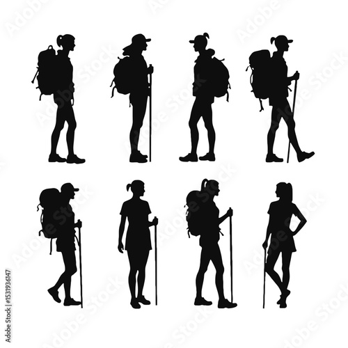 Six female hikers silhouettes trekking outdoors